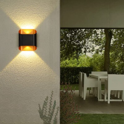 2 LED Outdoor Black Gold Wall Gate Lamp Up and Down Wall Light Waterproof (Warm White)