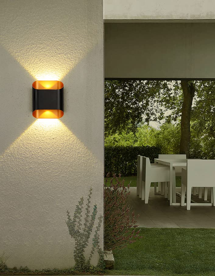 2 LED Outdoor Black Gold Wall Gate Lamp Up and Down Wall Light Waterproof (Warm White)